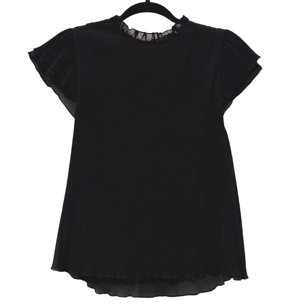 She + Sky Blouse Black Romantic Pleated Ruffle Flutter Sleeve Women Medium
